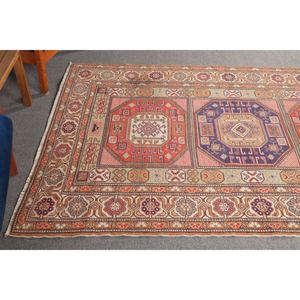 Tapis vintage, tapis turc 4,7x7,3 pieds, motif géométrique arc-en-ciel avec éléments floraux - Product Image 4