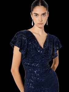 Dames élégantes sirène col en V robe de cocktail respirant pleine longueur robe de soirée écologique Poly-Mesh broderie perles - Product Image 2