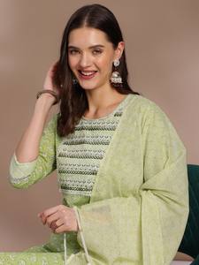 Kurta pur coton imprimé floral à col rond et miroir avec pantalon et dupatta, costume pakistanais indien - Product Image 6