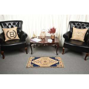 Alfombra de lana turca Vintage de 1,5x3,1 pies, azul y Beige, hecha a mano, área grande, rectángulo, patrón de retazos abstracto para decoración de habitación de pasillo - Product Image 3