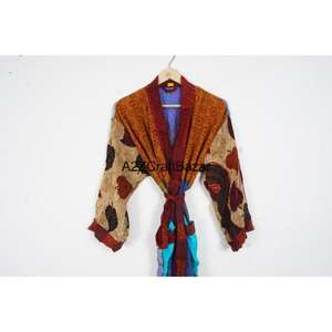 Indian Handmade Silk Kimono Robe V-Neck Drawstring Closure Patchwork Design Long Sleeves Four-Season Elegant Boho Chic <b>Women's</b> - Product Image 6