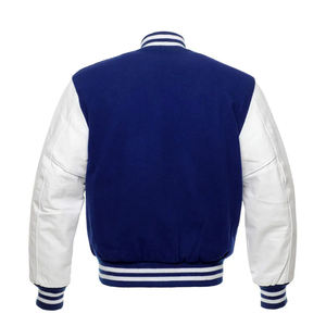 Veste bomber varsity à manches blanches et corps bleu royal, veste letterman avec manches en cuir, veste varsity en cuir letterman - Product Image 3