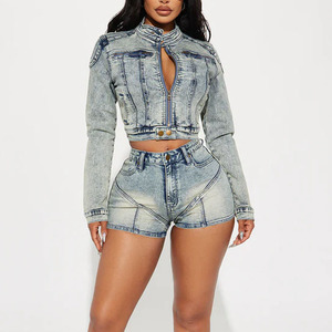 High Quality Women Two Piece Denim <b>Shorts</b> Set Stretch <b>Slim</b> Fit Trendy Denim Jean Jacket and <b>Short</b> Set 2026 - Product Image 1