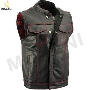 Chaleco de Cuero Premium Estilo Club para Motociclistas Redline para Hombre con Costuras Rojas - Product Image 1