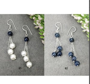 <b>Blue</b> SAPPHIRE & Pearl Gemstone 925 Sterling Silver Beaded <b>Earrings</b> - Product Image 1
