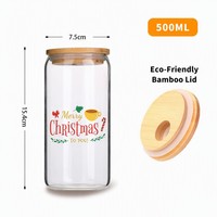 Gobelet à eau en verre borosilicate avec logo personnalisé, 500 ml, design de Noël, tasse en verre avec couvercle en bambou