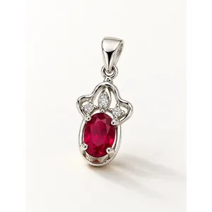 Pendentif ovale en rubis plaqué rhodium, or 14 carats et perle, bijoux religieux - Product Image 1