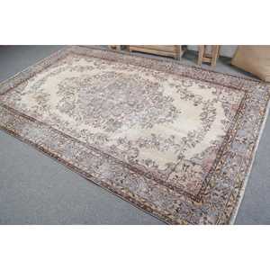 Vintage Turkish Large Rug 6x9.7 ft, <b>Brown</b> Gray Bordered <b>Wool</b> Rug - Product Image 4