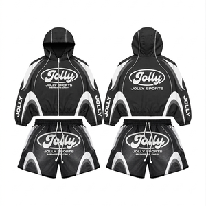 Women Windbreaker Short Set Polyester Lightweight Black <b>White</b> Panel Design Heat Transfer Logo Custom Windbreaker Shorts for Men - Product Image 1