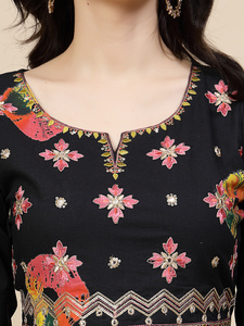 High Quality Soft Cotton Women Black Color A-line Elegant <b>Three</b> Quarter Sleeve Embroidered Solid Summer Kurta Wholesale Price - Product Image 5