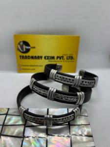 Copper Cuff Bangle Leather Wrapped Woven Bracelet with Fashionable <b>Cufflinks</b> for Anniversary Fashionable Leather - Product Image 3