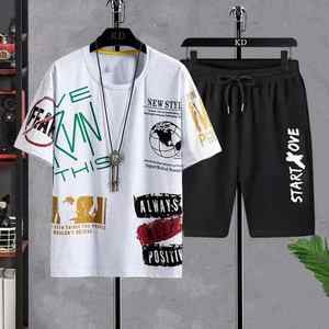 2025 hommes haute qualité coton t-shirt Shorts deux pièces ensemble mode imprimé T-Shirt Shorts col rond manches courtes deux pièces ensemble - Product Image 5