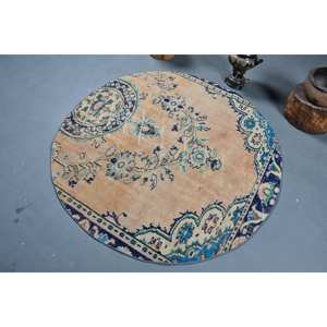 Tapis turc Vintage Beige Bleu 4.9 X 4.9ft Laine Patchwork Plat Armure pour Adolescent Salon Décorations avec Support en Latex - Product Image 4