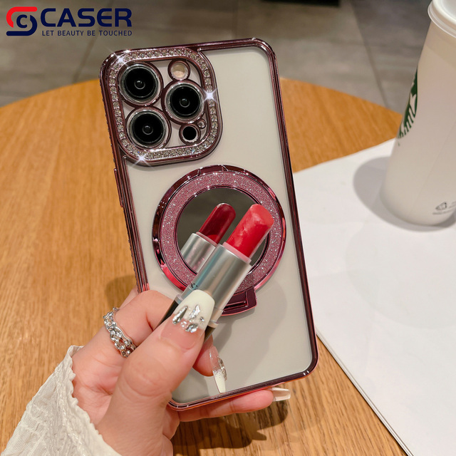 Transparent Magnetic Glitter Flip-Out Makeup Mirror Holder Len Protective Film Phone case for iphone 17 16 15 14plus Promax