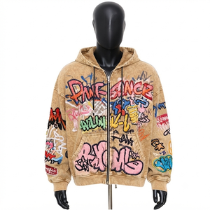 Sweat à capuche zippé oversize pour homme, style streetwear, en molleton, effet délavé à l'acide, brodé graffiti, coupe droite, style automne - Product Image 4