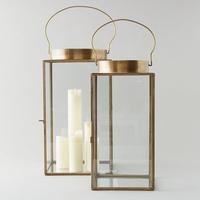 Lanterne à bougie dorée avec verre mercure, lot de 2, support à bougie, décoration pour la maison et les fêtes, Noël, finition antique, terrarium en verre