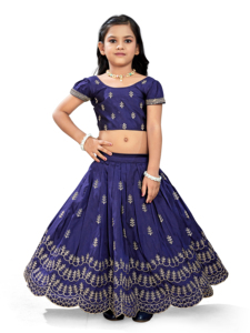 Shoryam Fashion Robe traditionnelle indienne pour enfants, imprimé bleu métallisé, Lehenga longueur ras du sol, Choli à manches bouffantes, tenue de fête pour filles - Product Image 2