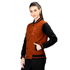 แจ็กเก็ตเบสบอลตัวอักษรหนังแท้สำหรับผู้หญิงเยาวชนผู้ใหญ่กำหนดได้เองสีพื้น - Product Image 4
