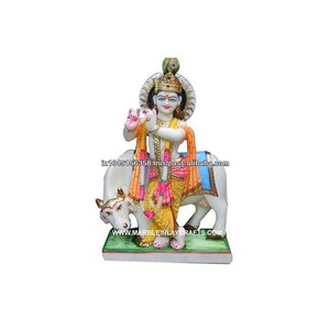 Magnifique Statue du seigneur Shree Krishna Ji avec une vache debout jouant à la flûte et colorée polonaise indienne pour le culte - Product Image 1