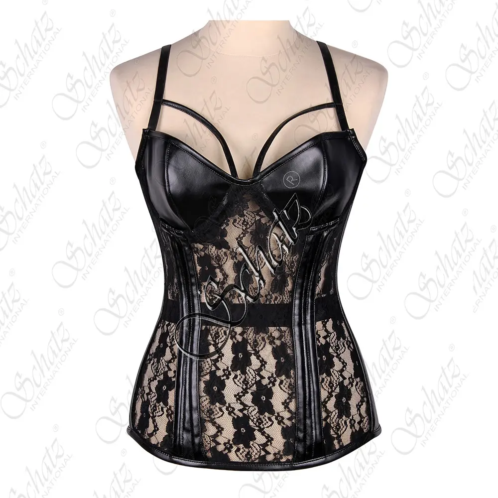 Schatz International Overbust Underwire Cup Corset made of High quality Faux Leather and Sheer Lace Fabrics Women Shaper