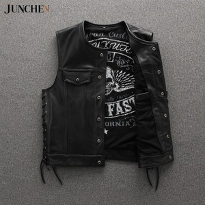 Gilet in Vera Pelle Nera Personalizzato Stile Sons of Anarchy con Lacci Laterali per Motociclisti e Club Biker - Product Image 3