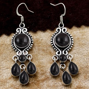 <b>Black</b> Onyx Gemstone <b>Earrings</b> 925 Solid Sterling Silver <b>Earrings</b> <b>for</b> <b>Women</b> and Girls Round Shape Dangle <b>Earrings</b> Silver, Silver - Product Image 2