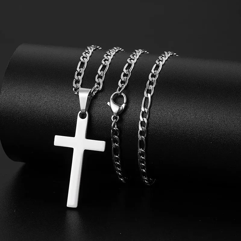 Silver Black Gold Plated Cross Necklace For Men Boys Stainless Steel Figaro Chain Cross Pendant Necklace Religious Jewelry Gifts