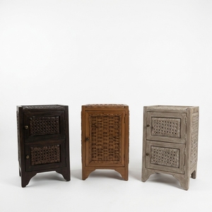 Table de chevet vintage multifonctionnelle en bois massif et rotin à 2 tiroirs, marron, pour chambre à coucher, salon, école, meubles - Product Image 1