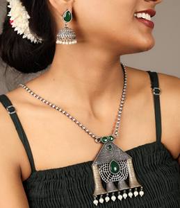 Oxidized Antique Silver <b>Necklace</b> Earring Jewelry set Green Stone Tribal Jewelry Gift for wife - Product Image 1