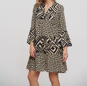 Magnifique robe courte tunique à manches longues, style bohème, col en V, motif paisley, pompon, en noir et beige, taille unique (100% coton) - Product Image 5