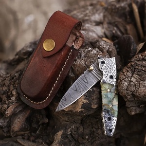 Cuchillo de bolsillo de acero de Damasco hecho a mano personalizado de alta calidad con Funda de cuero regalo perfecto para acampar padre OEM y ODM compatibles - Product Image 1