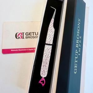 Pince à épiler pour extensions de cils, logo personnalisé OEM, 90 degrés, type L, anti-magnétique, durable, longueur 10 mm, finition pailletée rose - Product Image 4