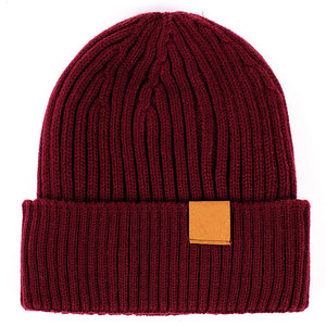 Bonnet en tricot bordeaux unisexe avec patch en simili cuir, 100% acrylique, bonnet d'hiver pour usage décontracté en extérieur, taille adulte 56-58CM - Product Image 2