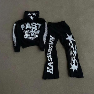 2025 Winter Men's Distressed <b>Embroidery</b> Tracksuit <b>Set</b> with Flare Sweatpants and Hoodie 100% Cotton Breathable High Quality - Product Image 4