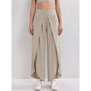 Pantalon Sandy à taille haute élastiquée pour femme avec détail croisé sur le devant, 37474 - Beige - Product Image 2