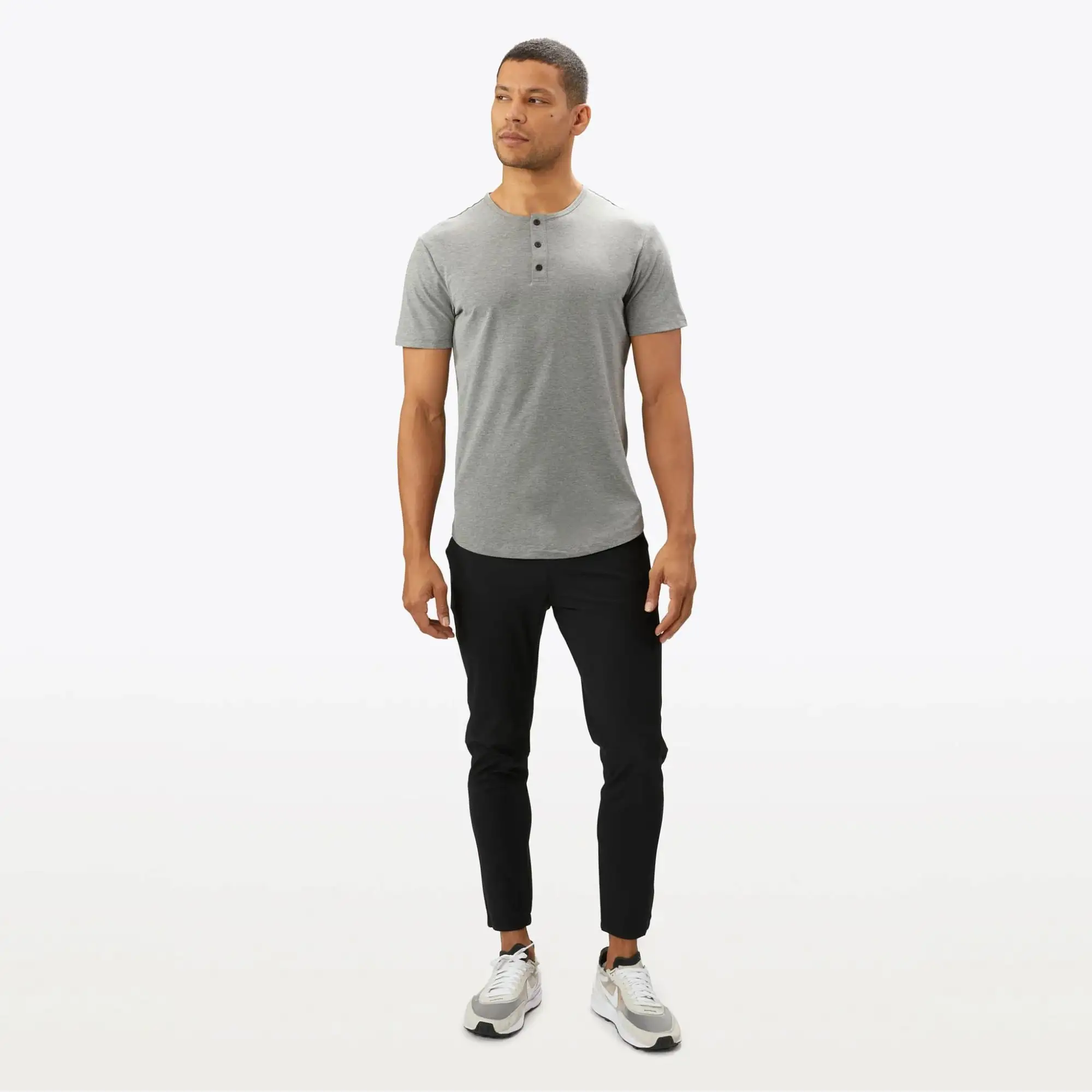 Top Selling Buttery Soft 62% Polyester 33% Cotton 5% Spandex Signature Fit Henley Curve-Hem Heather Grey Shirt