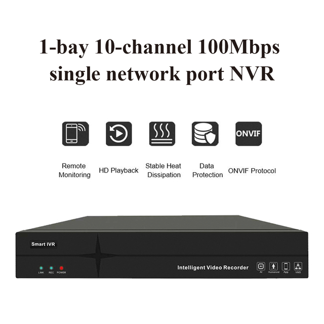 Thinmoo 1-bay 10-channel Smart Hard Disk Recorder NVR H.265/H.264 Compression Motion Detection 100Mbps Single Network Recording