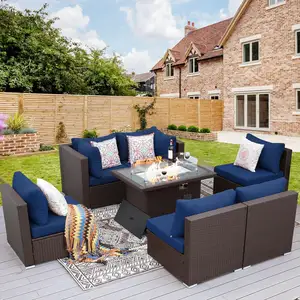Altovis lujo al aire libre asientos grupo PE ratán moderno Muebles de Jardín sofá conjunto con mesa de fogata