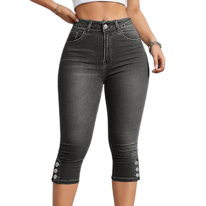 Womens Washed Black <b>Denim</b> Capri Pants High Waist <b>Stretch</b> Skinny Fit Casual Cropped Jeans Button Hem Daily Wear Style Everyday - Product Image 1