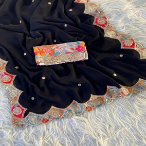 Sari VASTRA COTTAGE de Georgette Satinado Negro Clásico con Bordado de Lentejuelas, Elegante para Fiestas y Eventos Nocturnos - Product Image 4