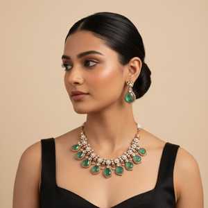 Exquisite Silver Green <b>Kundan</b> Necklace Set with Earrings | Handcrafted Bridal <b>Jewelry</b> | Traditional Wedding Statement Necklace - Product Image 1