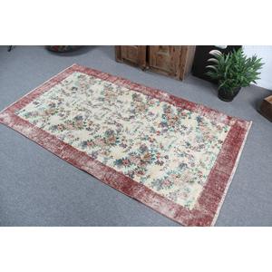 Tapis turc vintage 3,6x6,6 pieds, tapis en laine abstrait rouge - Product Image 4