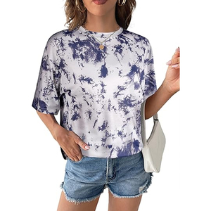 Mode Tie Dye coton femmes T-shirts col rond à manches courtes haute qualité surdimensionné en gros personnalisé Tie Dye t-shirts - Product Image 3