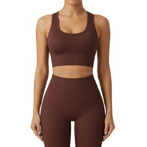 Ensemble de sport côtelé sans couture pour femme, coupe épaules dénudées, personnalisable avec logo, séchage rapide et respirant, vente en gros - Product Image 6
