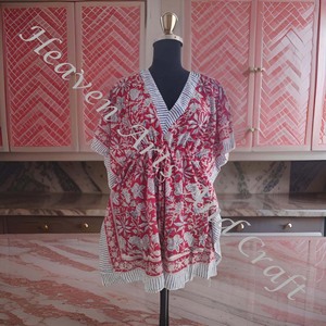 100% algodón Mujer ropa de dormir bloque de mano estampado Kaftan vestido KFCS177 peso ligero mujeres Casual ocasión desgaste corto caftán vestidos - Product Image 3