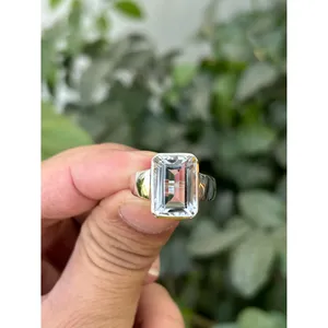 925 Silver Fine Jewelry <b>Ring</b> with Natural Emerald Cut <b>Crystal</b> Quartz Rhodium Plated Geometric Pattern for Engagement - Product Image 1