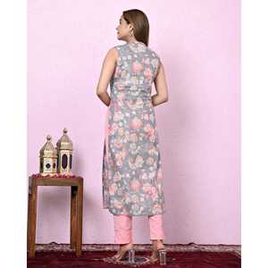 Kurta Informal Gris Estampada con Lentejuelas para Mujer, Tallas Grandes XS a 5XL, Logotipo Personalizado, Ropa Lavable para el Día a Día - Product Image 1