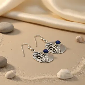Boucles d'oreilles pendantes en argent 925 pour femmes, lapis-lazuli, plaqué or vintage, pendentif en perle d'eau douce - Product Image 3