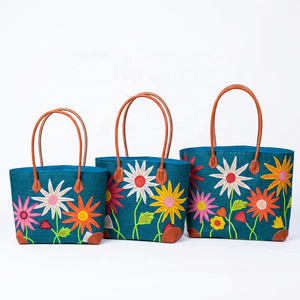 Bolso Tote de Rafia Bordado, Bolso de Compras Reutilizable, Cierre Abierto, Patrón Floral de Algodón, Bolso Portátil para Viajes Diarios - Product Image 2