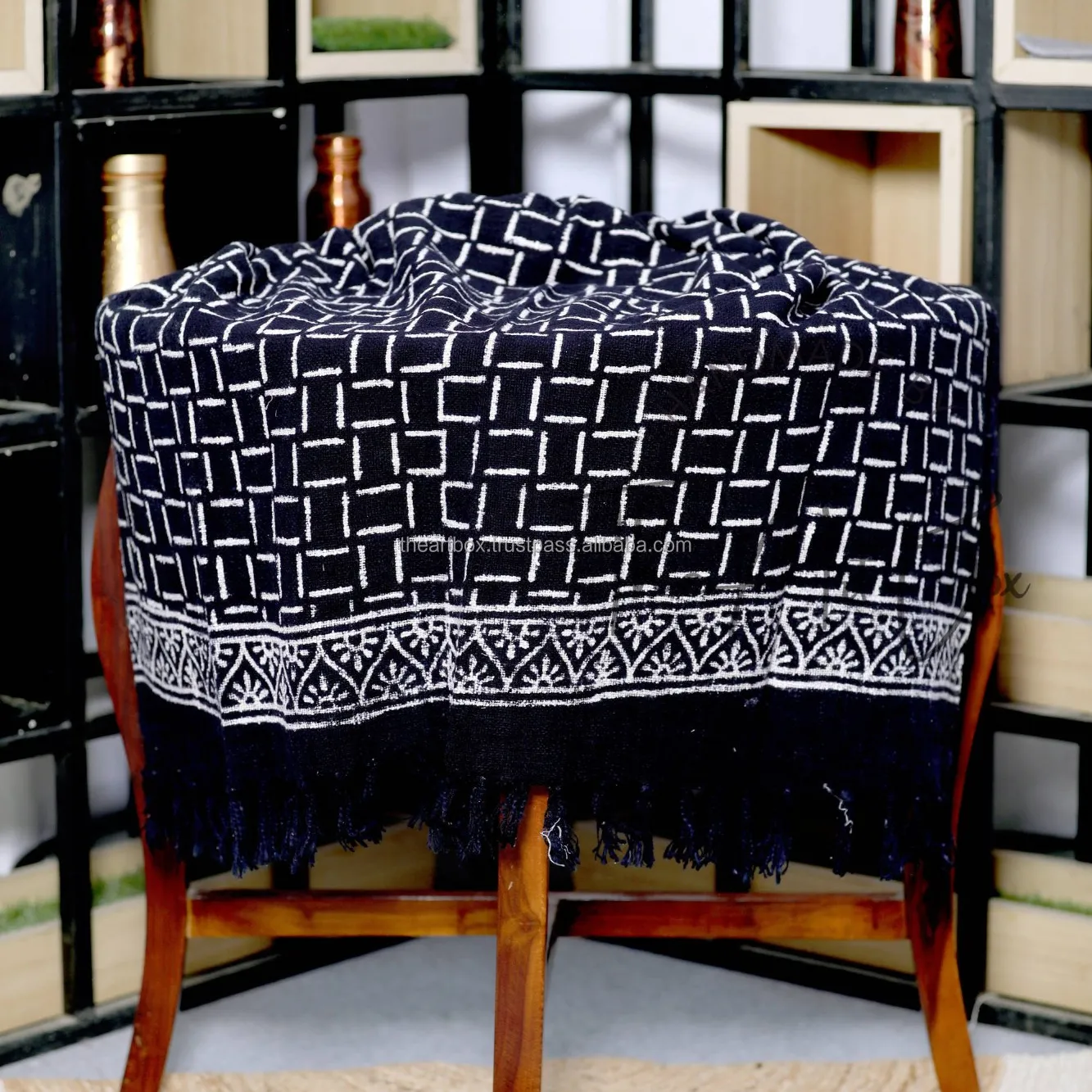 Indoor & Outdoor Decorative Throw Cotton Waffle Bed Cover Black Hand Block Printed Summer Blanket Bedding Set
